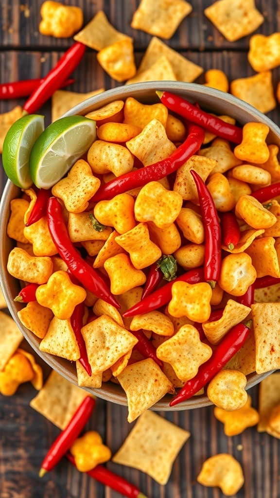 A colorful bowl of spicy snack mix with Takis, tortilla chips, and cheese puffs on a rustic table.